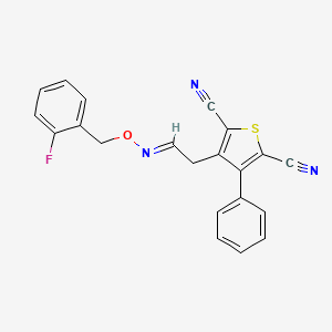 molecular formula C21H14FN3OS B2693180 3-[(2E)-2-{[(2-氟苯基)甲氧基]亚氨基}乙基]-4-苯基硫代呋喃-2,5-二羧腈 CAS No. 343372-54-3