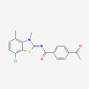 4-acetyl-N-(7-chloro-3,4-dimethyl-1,3-benzothiazol-2-ylidene)benzamide