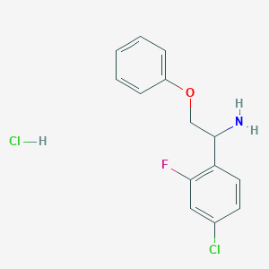 molecular formula C14H14Cl2FNO B2693294 1-(4-氯-2-氟苯基)-2-苯氧基乙胺；盐酸盐 CAS No. 2309463-66-7