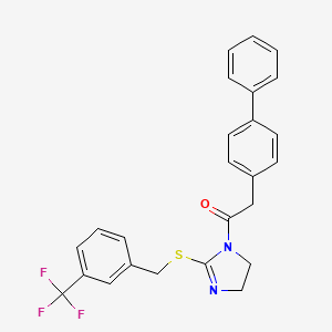 molecular formula C25H21F3N2OS B2693323 2-([1,1'-biphenyl]-4-yl)-1-(2-((3-(trifluoromethyl)benzyl)thio)-4,5-dihydro-1H-imidazol-1-yl)ethanone CAS No. 851805-81-7