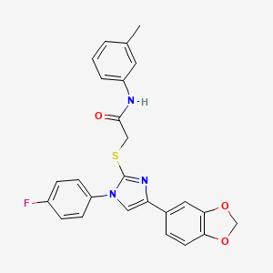 molecular formula C25H20FN3O3S B2693383 2-((4-(苯并[d][1,3]二噁嗪-5-基)-1-(4-氟苯基)-1H-咪唑-2-基)硫基)-N-(间甲苯基)乙酰胺 CAS No. 866348-88-1