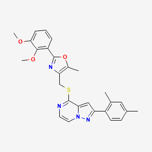 molecular formula C27H26N4O3S B2693444 4-({[2-(2,3-Dimethoxyphenyl)-5-methyl-1,3-oxazol-4-yl]methyl}thio)-2-(2,4-dimethylphenyl)pyrazolo[1,5-a]pyrazine CAS No. 1207026-22-9