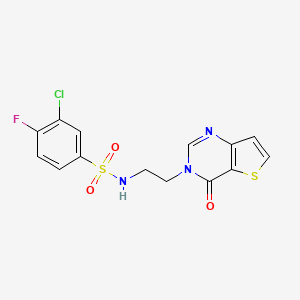 molecular formula C14H11ClFN3O3S2 B2693456 3-chloro-4-fluoro-N-(2-(4-oxothieno[3,2-d]pyrimidin-3(4H)-yl)ethyl)benzenesulfonamide CAS No. 1903771-01-6
