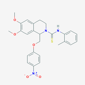 molecular formula C26H27N3O5S B2693469 6,7-dimethoxy-1-((4-nitrophenoxy)methyl)-N-(o-tolyl)-3,4-dihydroisoquinoline-2(1H)-carbothioamide CAS No. 536699-91-9