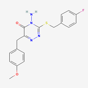 molecular formula C18H17FN4O2S B2693507 4-amino-3-((4-fluorobenzyl)thio)-6-(4-methoxybenzyl)-1,2,4-triazin-5(4H)-one CAS No. 887196-38-5