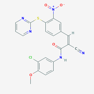 (Z)-N-(3-Chloro-4-methoxyphenyl)-2-cyano-3-(3-nitro-4-pyrimidin-2-ylsulfanylphenyl)prop-2-enamide