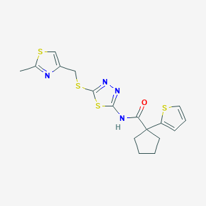 molecular formula C17H18N4OS4 B2693522 N-(5-(((2-methylthiazol-4-yl)methyl)thio)-1,3,4-thiadiazol-2-yl)-1-(thiophen-2-yl)cyclopentanecarboxamide CAS No. 1226440-36-3