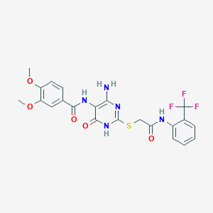 molecular formula C22H20F3N5O5S B2693545 N-(4-amino-6-oxo-2-((2-oxo-2-((2-(trifluoromethyl)phenyl)amino)ethyl)thio)-1,6-dihydropyrimidin-5-yl)-3,4-dimethoxybenzamide CAS No. 868227-99-0