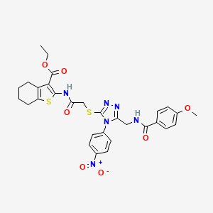 molecular formula C30H30N6O7S2 B2693555 Ethyl 2-[[2-[[5-[[(4-methoxybenzoyl)amino]methyl]-4-(4-nitrophenyl)-1,2,4-triazol-3-yl]sulfanyl]acetyl]amino]-4,5,6,7-tetrahydro-1-benzothiophene-3-carboxylate CAS No. 393847-84-2