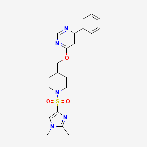 molecular formula C21H25N5O3S B2693568 4-[[1-(1,2-Dimethylimidazol-4-yl)sulfonylpiperidin-4-yl]methoxy]-6-phenylpyrimidine CAS No. 2379998-01-1