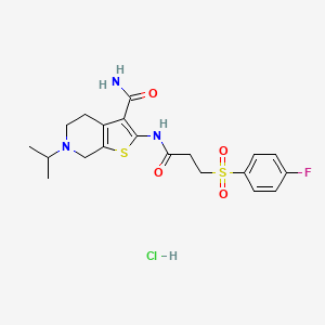 molecular formula C20H25ClFN3O4S2 B2693570 2-(3-((4-Fluorophenyl)sulfonyl)propanamido)-6-isopropyl-4,5,6,7-tetrahydrothieno[2,3-c]pyridine-3-carboxamide hydrochloride CAS No. 1329637-45-7