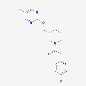 molecular formula C19H22FN3O2 B2693573 2-(4-Fluorophenyl)-1-[3-[(5-methylpyrimidin-2-yl)oxymethyl]piperidin-1-yl]ethanone CAS No. 2380040-38-8