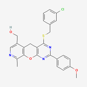 (7-{[(3-Chlorophenyl)methyl]sulfanyl}-5-(4-methoxyphenyl)-14-methyl-2-oxa-4,6,13-triazatricyclo[8.4.0.0^{3,8}]tetradeca-1(10),3(8),4,6,11,13-hexaen-11-yl)methanol