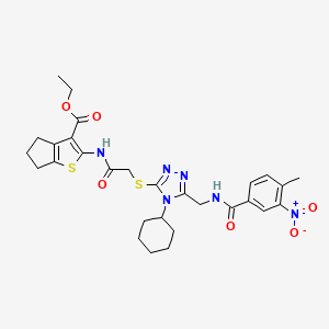 molecular formula C29H34N6O6S2 B2693609 乙酸-2-[[2-[[4-环己基-5-[(4-甲基-3-硝基苯甲酰)氨基]甲基)-1,2,4-三唑-3-基]硫醚基]乙酰]氨基-5,6-二氢-4H-环戊噻吩-3-羧酸酯 CAS No. 393850-14-1