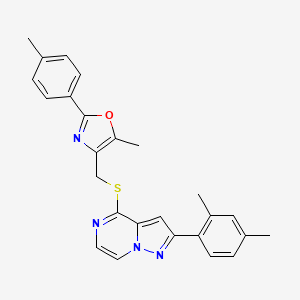 molecular formula C26H24N4OS B2693610 2-(2,4-Dimethylphenyl)-4-({[5-methyl-2-(4-methylphenyl)-1,3-oxazol-4-yl]methyl}thio)pyrazolo[1,5-a]pyrazine CAS No. 1207030-93-0