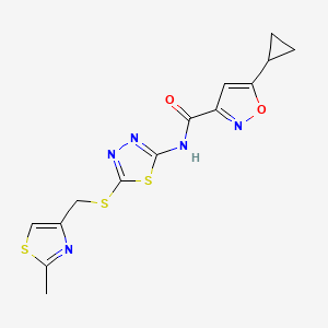 molecular formula C14H13N5O2S3 B2693615 5-环丙基-N-(5-(((2-甲基噻唑-4-基)甲基)硫)-1,3,4-噻二唑-2-基)异噁唑-3-甲酰胺 CAS No. 1219906-74-7