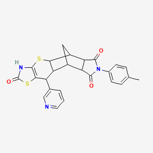 molecular formula C25H21N3O3S2 B2693643 (4aR,5R,5aR,8aR,9S)-10-(pyridin-3-yl)-7-(p-tolyl)-5,5a,8a,9,9a,10-hexahydro-5,9-methanothiazolo[5',4':5,6]thiopyrano[2,3-f]isoindole-2,6,8(3H,4aH,7H)-trione CAS No. 1212185-07-3