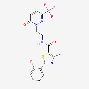 molecular formula C18H14F4N4O2S B2693672 2-(2-Fluorophenyl)-4-methyl-N-[2-[6-oxo-3-(trifluoromethyl)pyridazin-1-yl]ethyl]-1,3-thiazole-5-carboxamide CAS No. 2415490-83-2