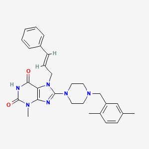 molecular formula C28H32N6O2 B2693717 7-cinnamyl-8-(4-(2,5-dimethylbenzyl)piperazin-1-yl)-3-methyl-1H-purine-2,6(3H,7H)-dione CAS No. 898428-27-8