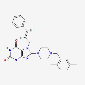 molecular formula C28H32N6O2 B2693717 7-肉桂基-8-(4-(2,5-二甲基苯基)哌嗪-1-基)-3-甲基-1H-嘌呤-2,6(3H,7H)-二酮 CAS No. 898428-27-8