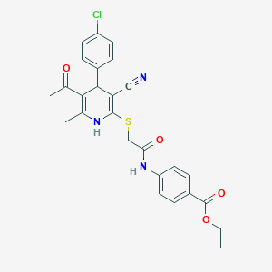 molecular formula C26H24ClN3O4S B2693718 Ethyl 4-[({[5-acetyl-4-(4-chlorophenyl)-3-cyano-6-methyl-1,4-dihydropyridin-2-yl]sulfanyl}acetyl)amino]benzoate CAS No. 897832-93-8