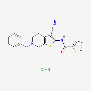 molecular formula C20H18ClN3OS2 B2693720 N-(6-苄基-3-氰-4,5,6,7-四氢噻吩并[2,3-c]嘧啶-2-基)噻吩-2-甲酰胺盐酸盐 CAS No. 1329966-98-4