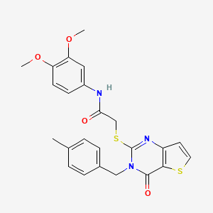 molecular formula C24H23N3O4S2 B2693751 N-(3,4-二甲氧基苯基)-2-((3-(4-甲基苯甲基)-4-氧代-3,4-二氢噻吩[3,2-d]嘧啶-2-基)硫代)乙酰胺 CAS No. 1787905-85-4