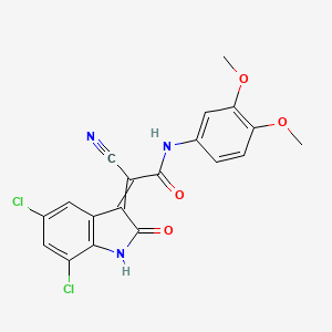 2-cyano-2-(5,7-dichloro-2-oxo-2,3-dihydro-1H-indol-3-ylidene)-N-(3,4-dimethoxyphenyl)acetamide