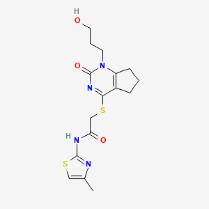 molecular formula C16H20N4O3S2 B2693969 2-((1-(3-hydroxypropyl)-2-oxo-2,5,6,7-tetrahydro-1H-cyclopenta[d]pyrimidin-4-yl)thio)-N-(4-methylthiazol-2-yl)acetamide CAS No. 899973-88-7