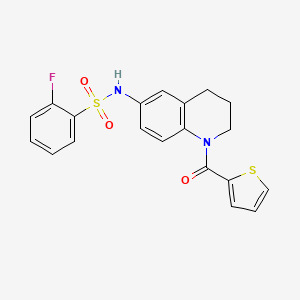 molecular formula C20H17FN2O3S2 B2694012 2-氟-N-[1-(噻吩-2-甲酰)-3,4-二氢-2H-喹啉-6-基]苯磺酰胺 CAS No. 932506-71-3
