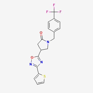 molecular formula C18H14F3N3O2S B2694041 4-[3-(2-Thienyl)-1,2,4-oxadiazol-5-yl]-1-[4-(trifluoromethyl)benzyl]pyrrolidin-2-one CAS No. 1105196-69-7