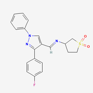 molecular formula C20H18FN3O2S B2694058 (E)-3-(((3-(4-fluorophenyl)-1-phenyl-1H-pyrazol-4-yl)methylene)amino)tetrahydrothiophene 1,1-dioxide CAS No. 384802-91-9