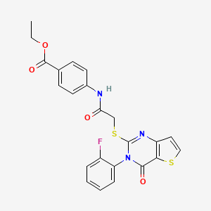 molecular formula C23H18FN3O4S2 B2694128 Ethyl 4-[({[3-(2-fluorophenyl)-4-oxo-3,4-dihydrothieno[3,2-d]pyrimidin-2-yl]sulfanyl}acetyl)amino]benzoate CAS No. 1261009-06-6