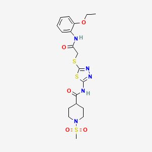 molecular formula C19H25N5O5S3 B2694186 N-(5-((2-((2-ethoxyphenyl)amino)-2-oxoethyl)thio)-1,3,4-thiadiazol-2-yl)-1-(methylsulfonyl)piperidine-4-carboxamide CAS No. 1351618-76-2