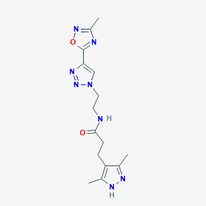 molecular formula C15H20N8O2 B2694218 3-(3,5-dimethyl-1H-pyrazol-4-yl)-N-(2-(4-(3-methyl-1,2,4-oxadiazol-5-yl)-1H-1,2,3-triazol-1-yl)ethyl)propanamide CAS No. 2034200-97-8