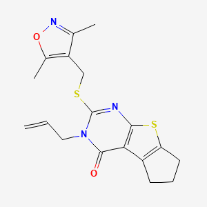 molecular formula C18H19N3O2S2 B2694274 10-{[(3,5-二甲基-1,2-噁唑-4-基)甲基]硫代}-11-(丙-2-烯-1-基)-7-硫-9,11-二氮杂三环[6.4.0.0^{2,6}]十二烯-12-酮 CAS No. 307511-97-3