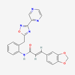 molecular formula C23H17N5O4 B2694279 (E)-3-(benzo[d][1,3]dioxol-5-yl)-N-(2-((3-(pyrazin-2-yl)-1,2,4-oxadiazol-5-yl)methyl)phenyl)acrylamide CAS No. 2035018-73-4
