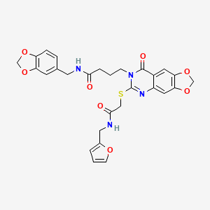 molecular formula C28H26N4O8S B2694291 N-[(2H-1,3-benzodioxol-5-yl)methyl]-4-{6-[({[(furan-2-yl)methyl]carbamoyl}methyl)sulfanyl]-8-oxo-2H,7H,8H-[1,3]dioxolo[4,5-g]quinazolin-7-yl}butanamide CAS No. 896681-75-7