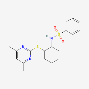 molecular formula C18H23N3O2S2 B2694324 N-[2-(4,6-二甲基-嘧啶-2-基硫代基)-环己基]-苯并磺酰胺 CAS No. 370869-30-0