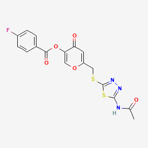 molecular formula C17H12FN3O5S2 B2694452 6-(((5-acetamido-1,3,4-thiadiazol-2-yl)thio)methyl)-4-oxo-4H-pyran-3-yl 4-fluorobenzoate CAS No. 896015-29-5