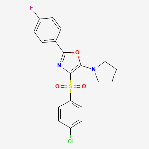 molecular formula C19H16ClFN2O3S B2694476 4-((4-Chlorophenyl)sulfonyl)-2-(4-fluorophenyl)-5-(pyrrolidin-1-yl)oxazole CAS No. 823828-35-9