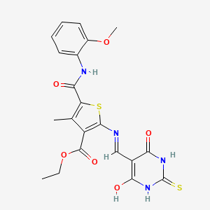molecular formula C21H20N4O6S2 B2694547 ethyl 2-(((4,6-dioxo-2-thioxotetrahydropyrimidin-5(2H)-ylidene)methyl)amino)-5-((2-methoxyphenyl)carbamoyl)-4-methylthiophene-3-carboxylate CAS No. 1021230-16-9