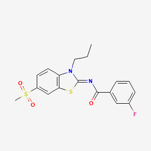 molecular formula C18H17FN2O3S2 B2694577 3-fluoro-N-(6-methylsulfonyl-3-propyl-1,3-benzothiazol-2-ylidene)benzamide CAS No. 897501-89-2