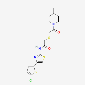 molecular formula C17H20ClN3O2S3 B2694585 N-(4-(5-chlorothiophen-2-yl)thiazol-2-yl)-2-((2-(4-methylpiperidin-1-yl)-2-oxoethyl)thio)acetamide CAS No. 681224-84-0