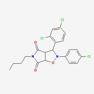 molecular formula C21H19Cl3N2O3 B2694598 5-butyl-2-(4-chlorophenyl)-3-(2,4-dichlorophenyl)dihydro-2H-pyrrolo[3,4-d]isoxazole-4,6(5H,6aH)-dione CAS No. 1005085-16-4