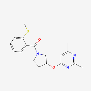 molecular formula C18H21N3O2S B2694635 2,4-二甲基-6-({1-[2-(甲基硫代基)苯甲酰]吡咯啉-3-基)氧基)嘧啶 CAS No. 2097932-03-9