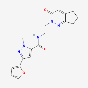 molecular formula C18H19N5O3 B2694636 3-(furan-2-yl)-1-methyl-N-(2-(3-oxo-3,5,6,7-tetrahydro-2H-cyclopenta[c]pyridazin-2-yl)ethyl)-1H-pyrazole-5-carboxamide CAS No. 2034297-36-2