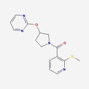 molecular formula C15H16N4O2S B2694670 (2-(Methylthio)pyridin-3-yl)(3-(pyrimidin-2-yloxy)pyrrolidin-1-yl)methanone CAS No. 2034530-64-6
