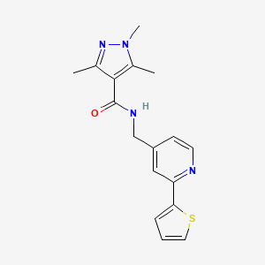 molecular formula C17H18N4OS B2694695 1,3,5-三甲基-N-((2-(噻吩-2-基)吡啶-4-基)甲基)-1H-吡唑-4-甲酰胺 CAS No. 2034546-59-1