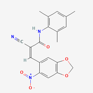 molecular formula C20H17N3O5 B2694697 (Z)-2-Cyano-3-(6-nitro-1,3-benzodioxol-5-yl)-N-(2,4,6-trimethylphenyl)prop-2-enamide CAS No. 454434-83-4